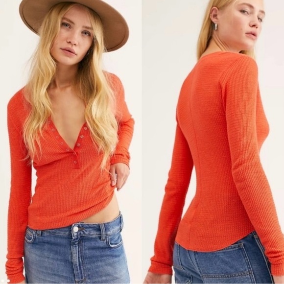 Free People Tops - Free People Intimately Vibrant Orange Henley Top, Size L, Stretch